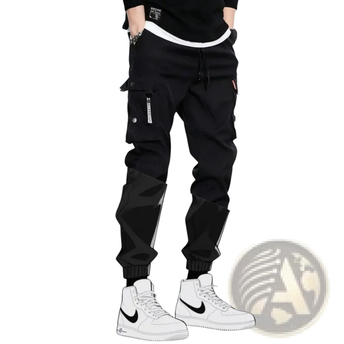 Men’s tactical cargo pants in black with white side stripes and a drawstring waistband for multi pocket use