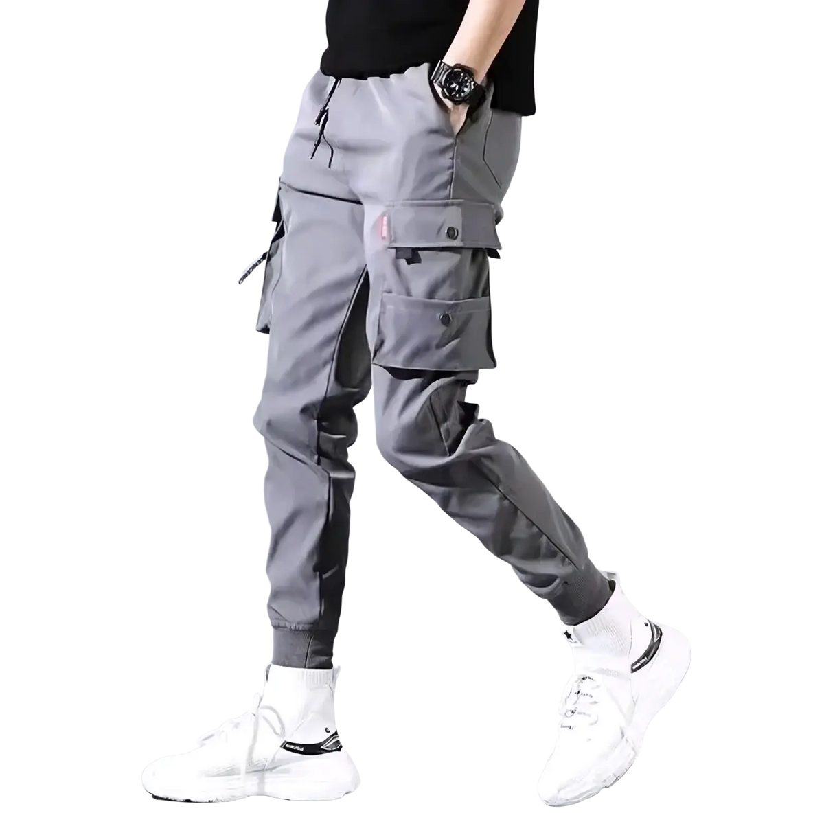 Men’s gray tactical cargo pants with multiple pockets and tapered leg design for functional outdoor use