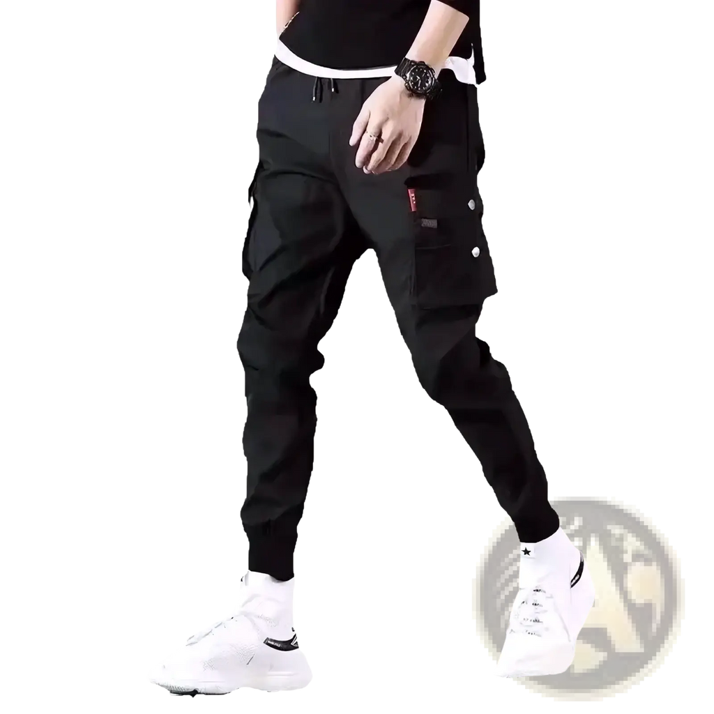 Men’s tactical cargo pants in black with multiple pockets and a drawstring waistband for secure fit