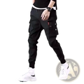 Men’s tactical cargo pants in black with multiple pockets and a drawstring waistband for secure fit