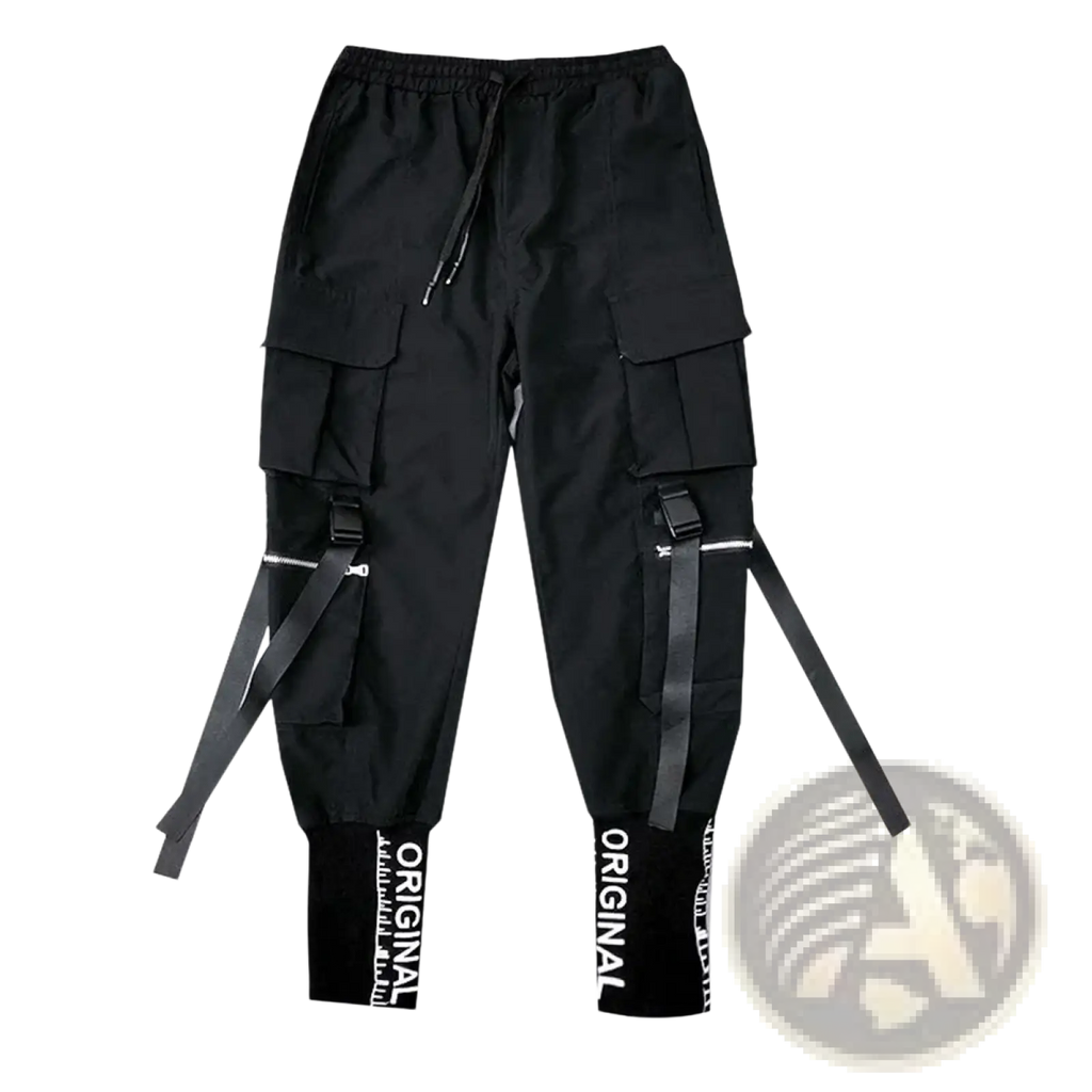 Men’s tactical cargo pants in black with multiple pockets adjustable drawstring waistband and white original text on cuffs