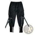 Men’s tactical cargo pants in black with multiple pockets adjustable drawstring waistband and white original text on cuffs