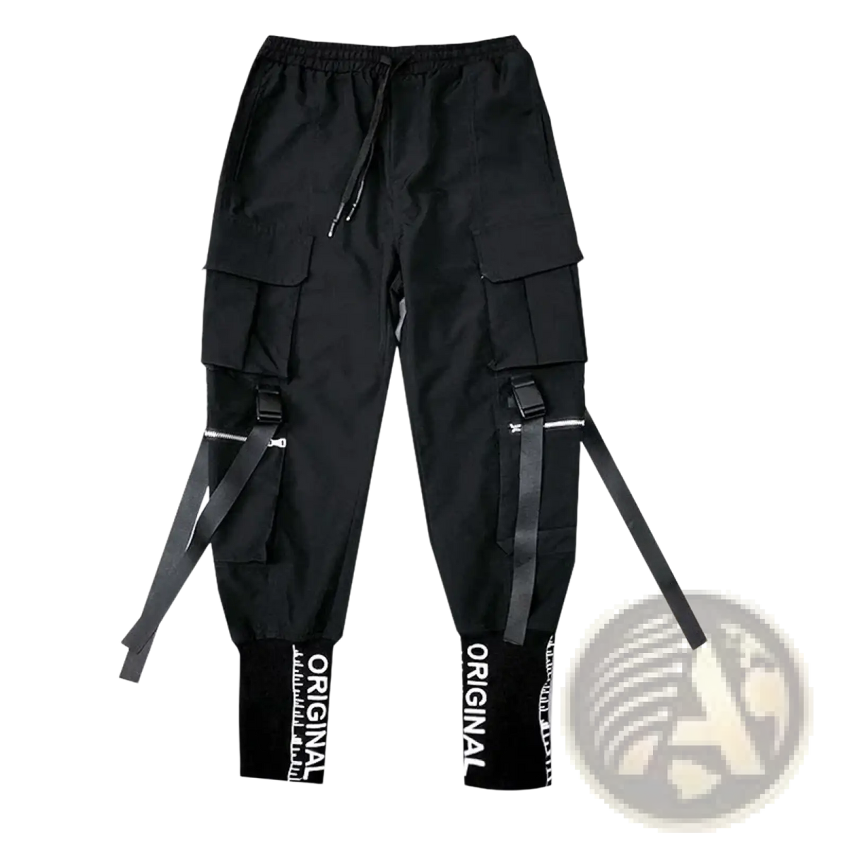 Men’s tactical cargo pants in black with multiple pockets adjustable drawstring waistband and white original text on cuffs