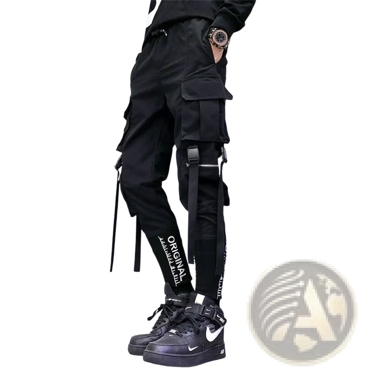 Men’s tactical cargo pants in black with multiple pockets adjustable straps and white original lettering for techwear streetwear