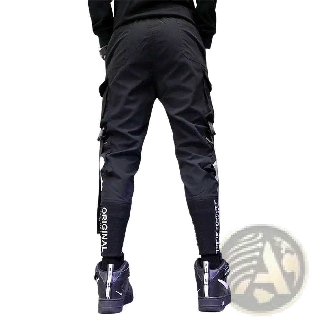 Men’s tactical cargo pants in black with multiple pockets and white vertical text for techwear streetwear