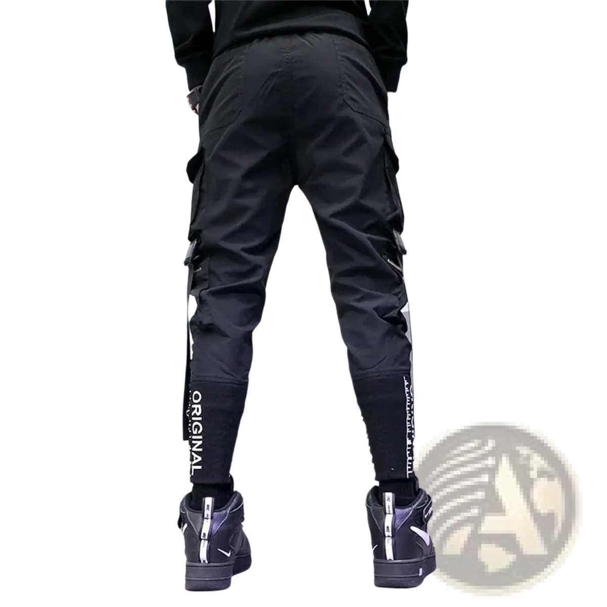 Men’s tactical cargo pants in black with multiple pockets and white vertical text for techwear streetwear