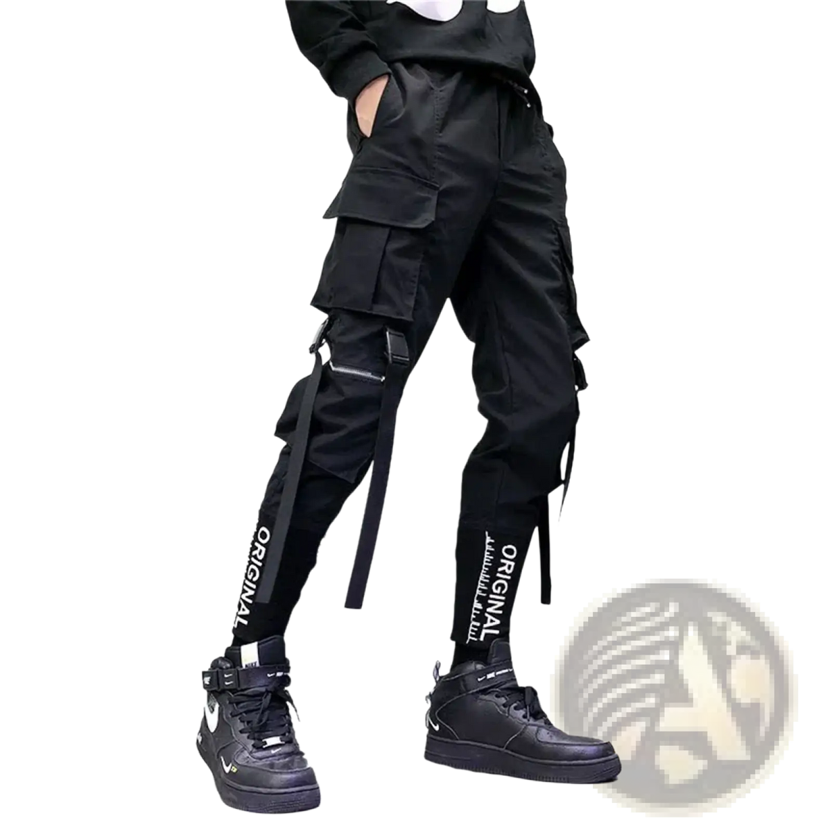 Men’s black tactical cargo pants with multiple pockets side straps and original text for techwear streetwear use