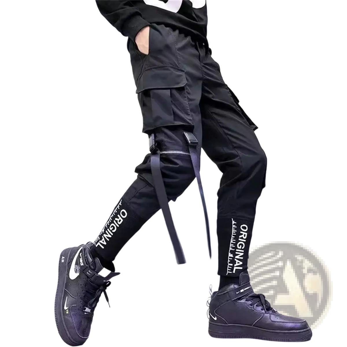 Men’s black cargo pants with white original lettering and adjustable straps for tactical techwear streetwear use