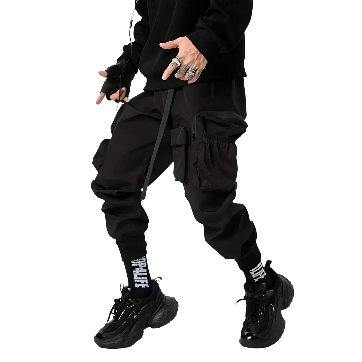 Mens tactical cargo pants utility work joggers in black with multiple pockets and a drawstring waistband