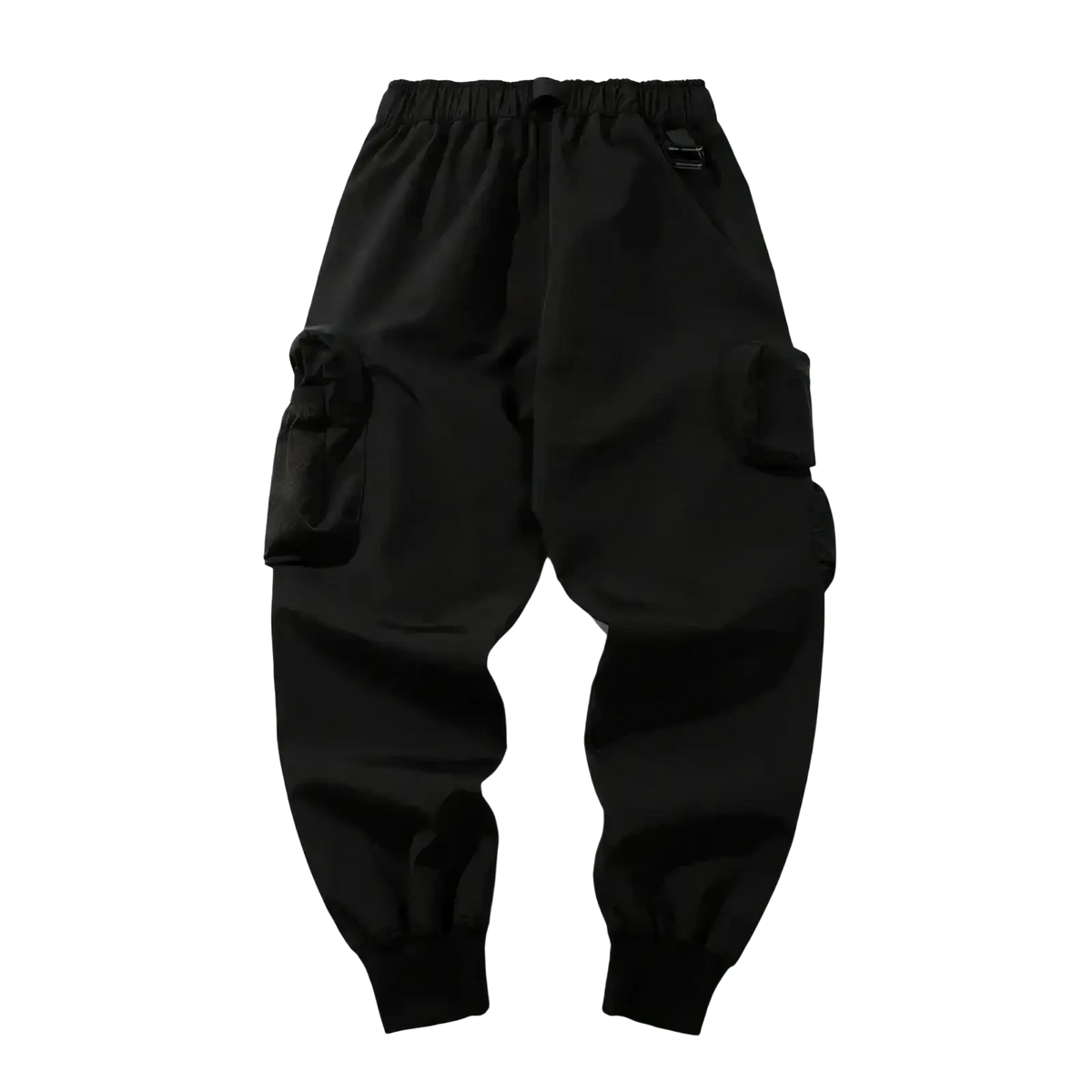 Mens tactical cargo pants in black with elastic waistband, drawstring, large side pockets, and tapered cuffs for utility use