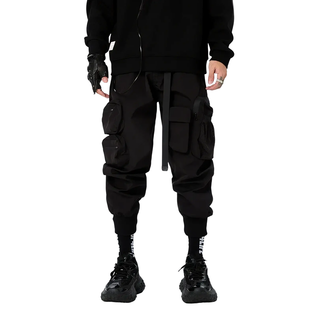 Mens tactical cargo pants in black with multiple pockets and a drawstring waistband for utility work joggers