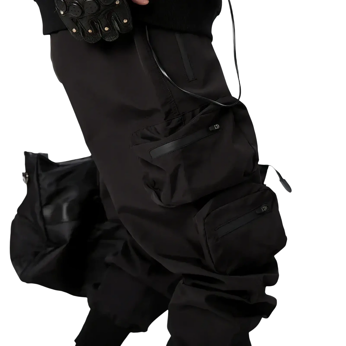 Black mens tactical cargo pants with multiple zippered pockets and reinforced stitching for utility work use