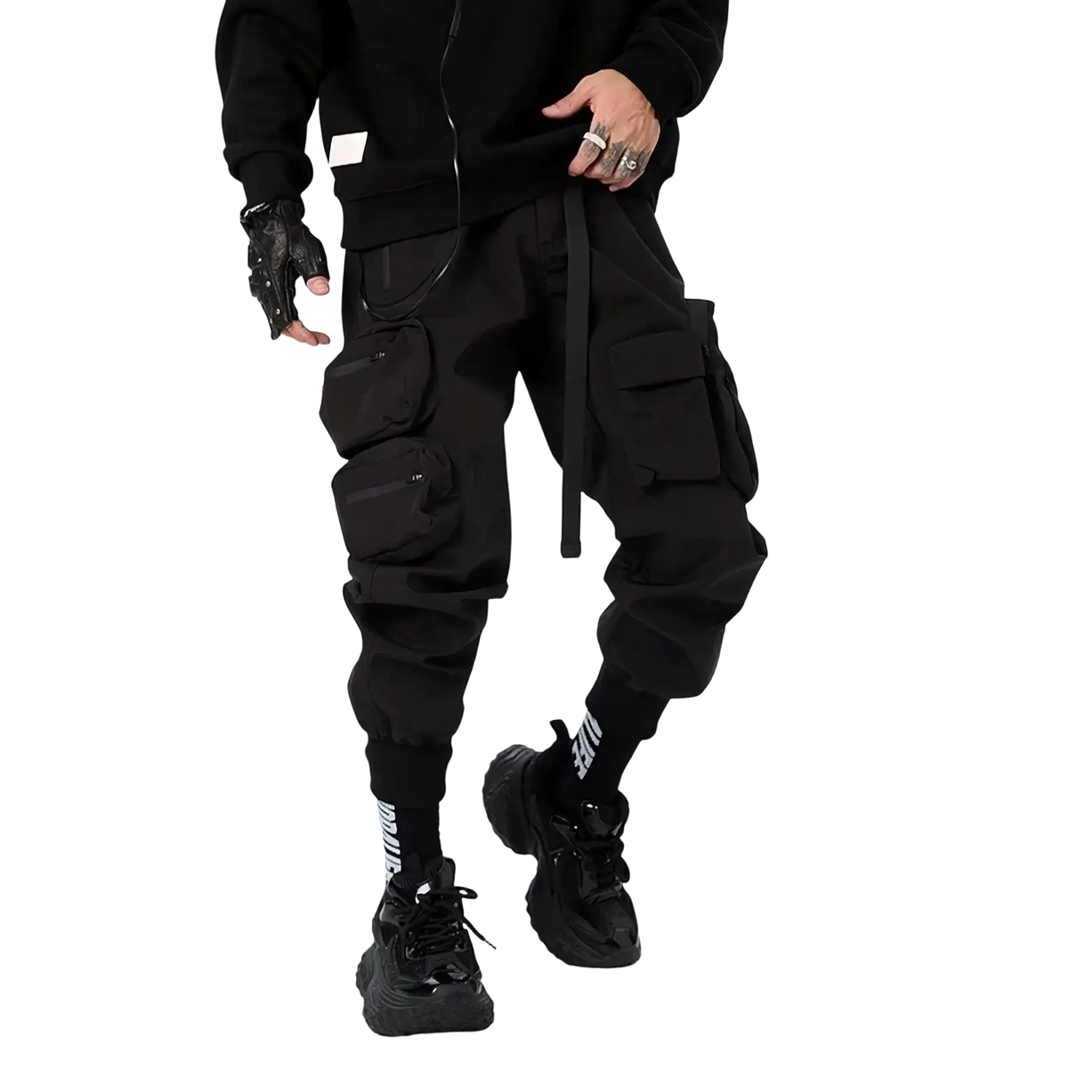 Mens tactical cargo pants utility work joggers in black with multiple pockets and a drawstring waistband