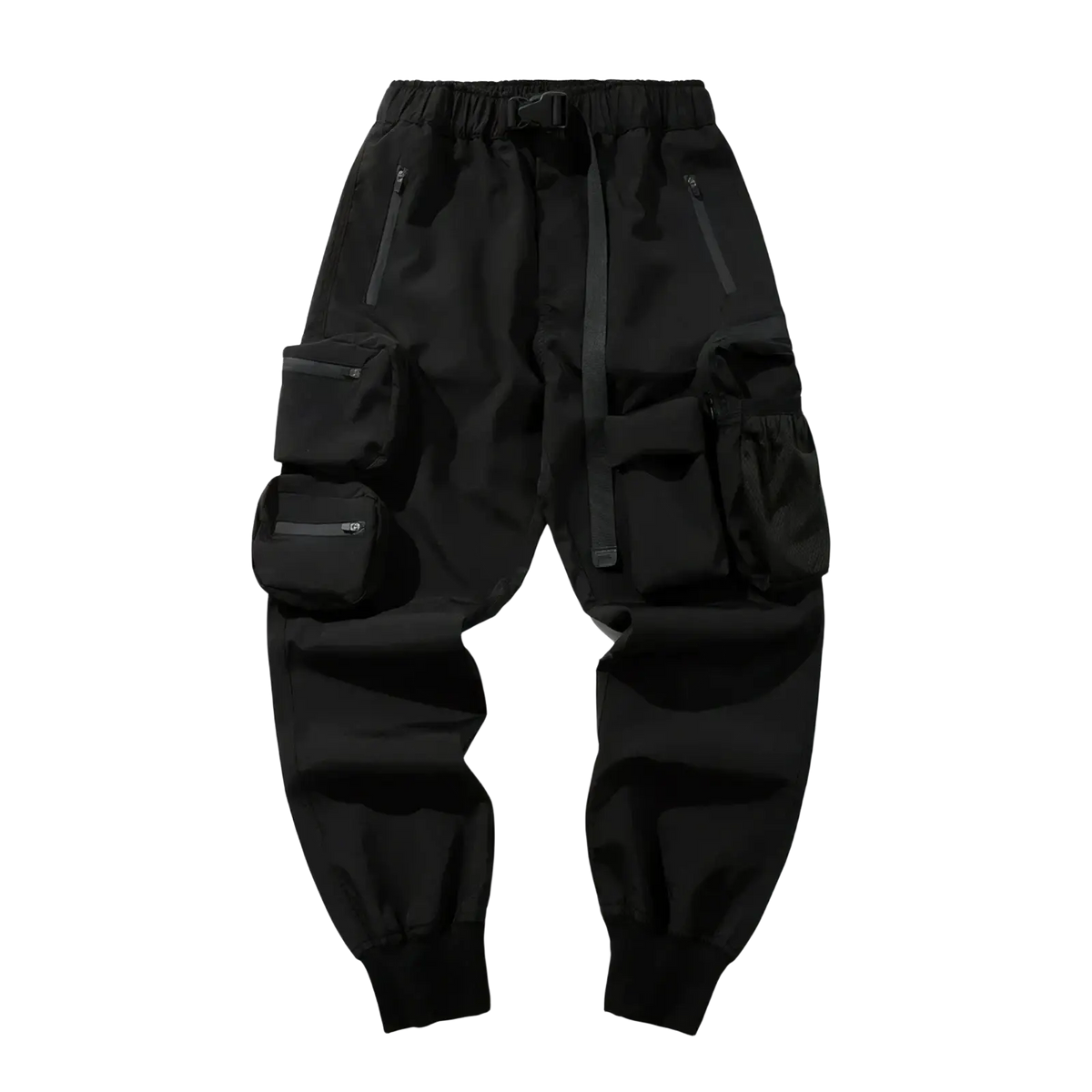 Mens tactical cargo pants utility work joggers in black with multiple pockets and a drawstring waistband
