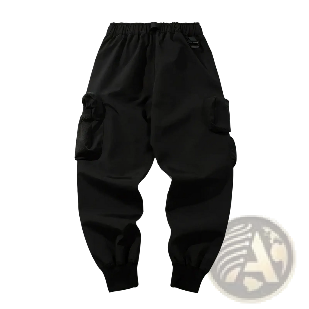 Mens tactical cargo pants in black with elastic waistband, drawstring, large side pockets, and cuffed ankles