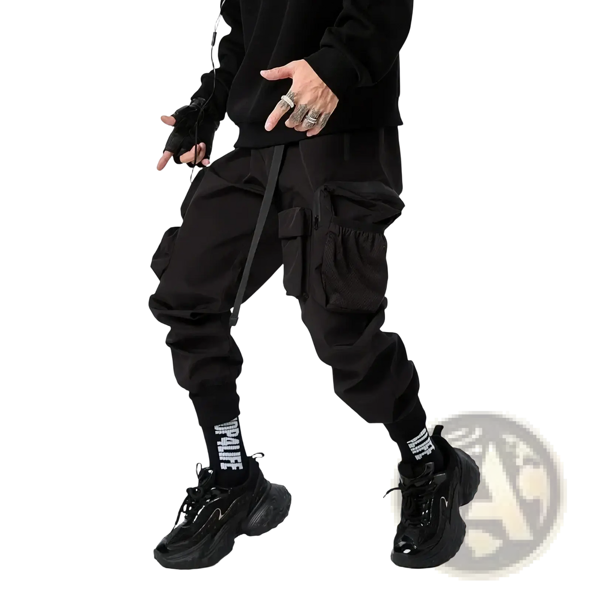 Mens tactical cargo pants utility work joggers in black with multiple pockets and a drawstring waistband
