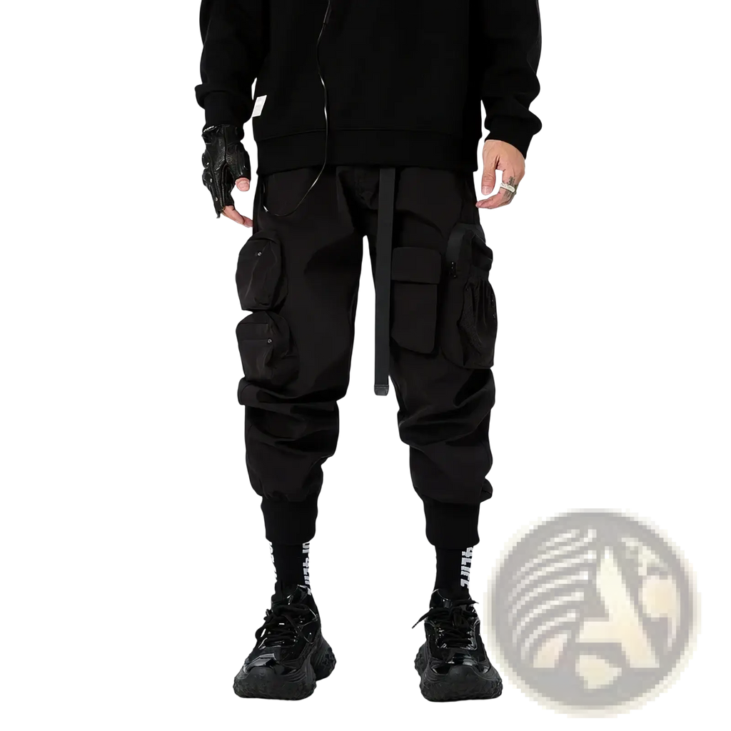 Mens tactical cargo pants in black with multiple pockets and a drawstring waistband for utility work joggers