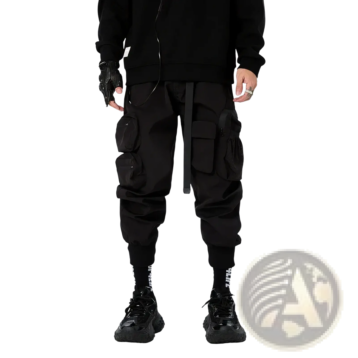Mens tactical cargo pants in black with multiple pockets and a drawstring waistband for utility work joggers