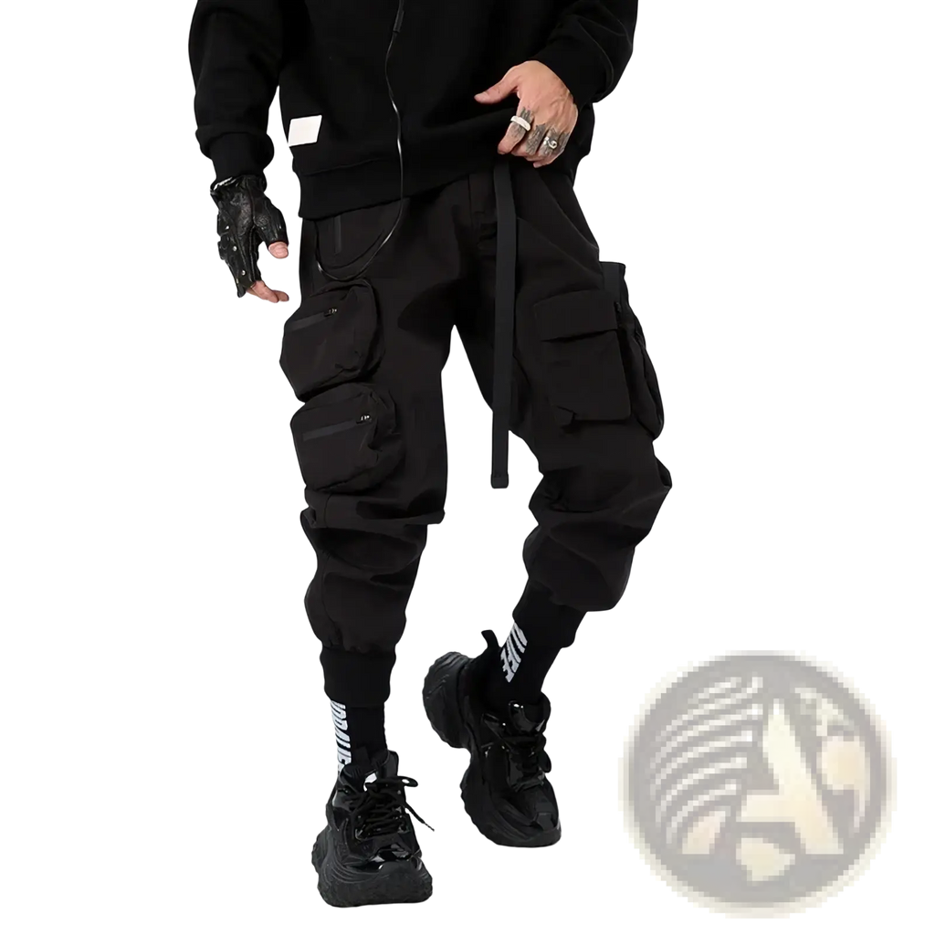 Mens tactical cargo pants utility work joggers in black with multiple pockets and a drawstring waistband