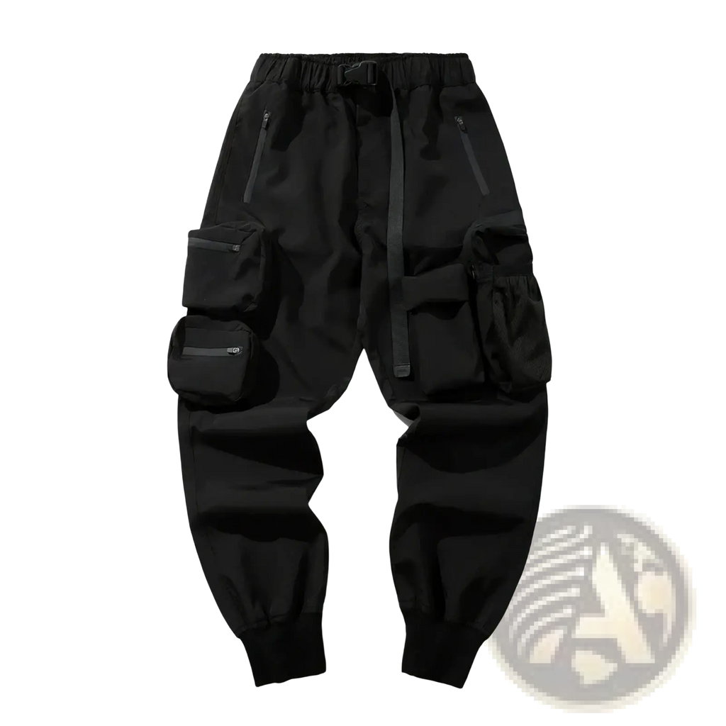 Mens tactical cargo pants utility work joggers in black with multiple pockets and a drawstring waistband