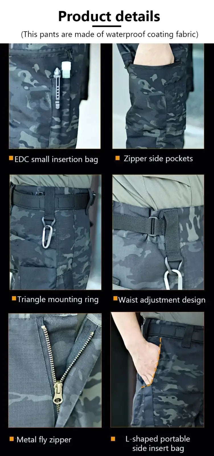 Men’s black camouflage tactical cargo pants with waterproof coating fabric zipper side pockets and metal fly zipper