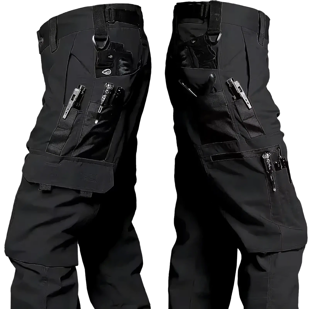 Black men’s tactical cargo pants with multiple pockets and utility straps waterproof for outdoor use shown from the back side
