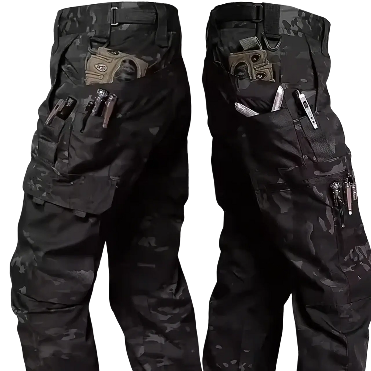 Men’s black tactical cargo pants with dark camouflage pattern waterproof outdoor trousers featuring multiple pockets