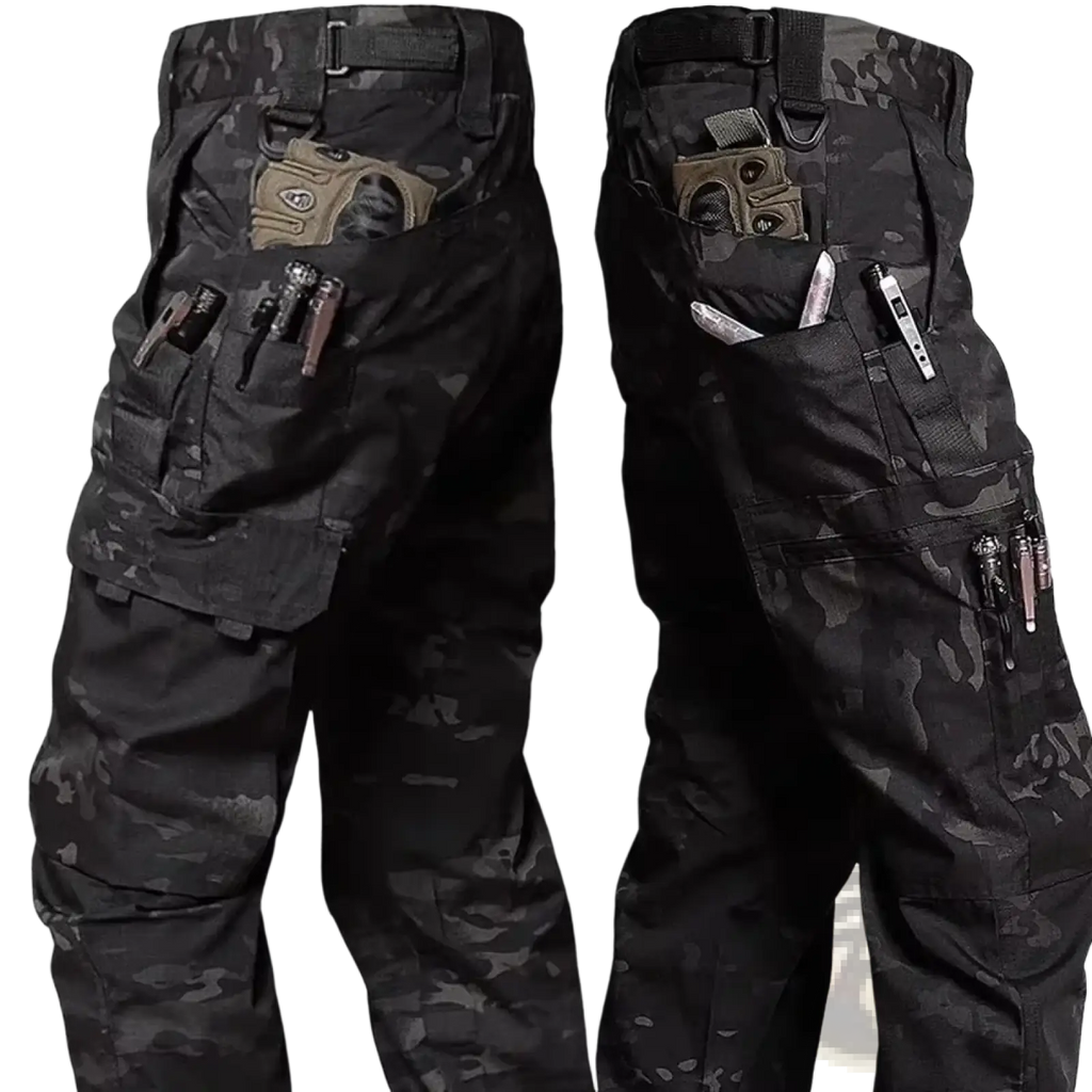 Men’s tactical cargo pants in black and gray camouflage with multiple utility pockets for outdoor use