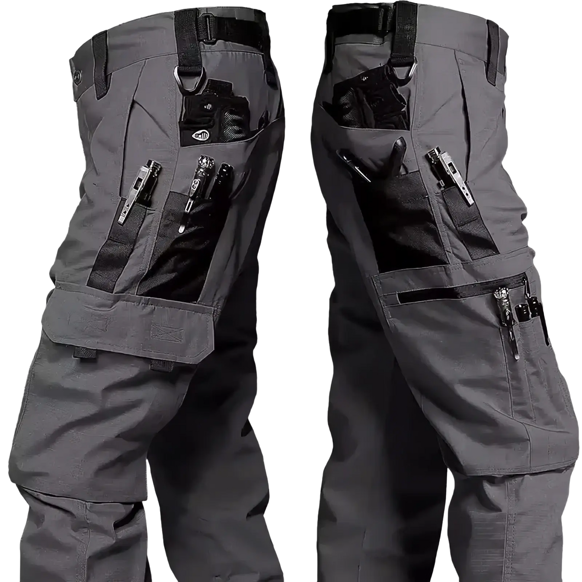 Men’s gray tactical cargo pants with multiple pockets black webbing accents and durable fabric for outdoor use