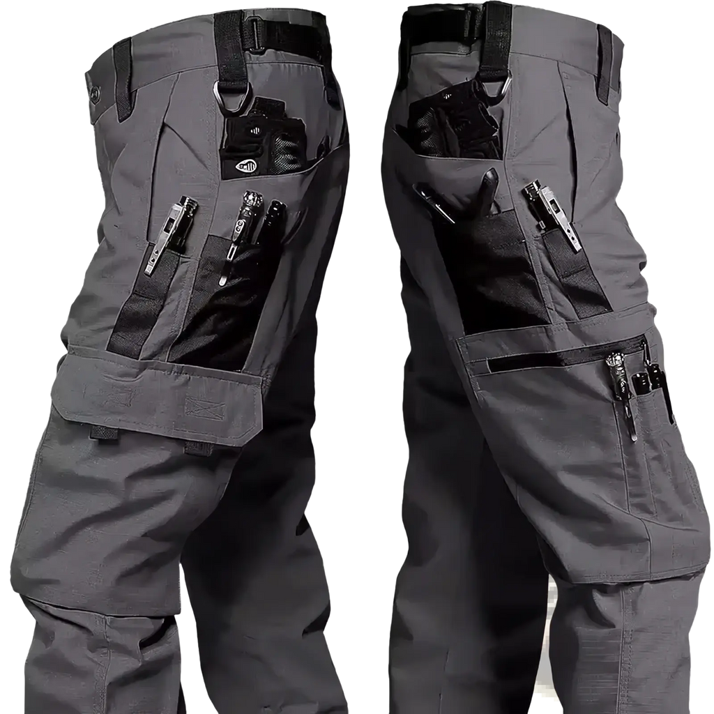 Men’s gray tactical cargo pants with multiple pockets black webbing accents and durable fabric for outdoor use
