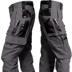 Men’s gray tactical cargo pants with multiple pockets black webbing accents and durable fabric for outdoor use