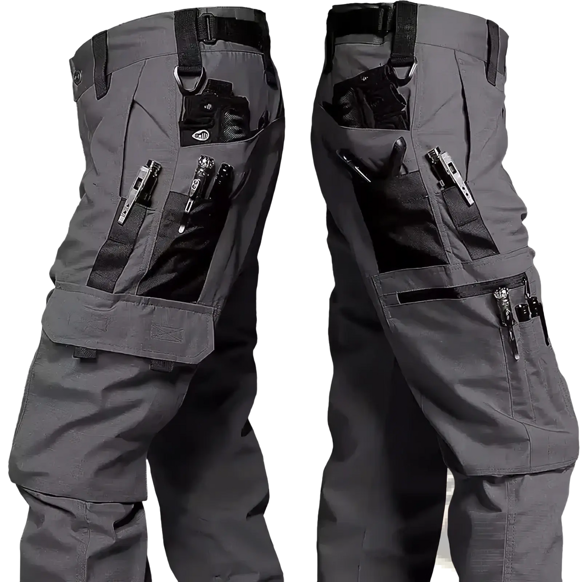 Men’s gray tactical cargo pants with multiple pockets black webbing accents and durable fabric for outdoor use