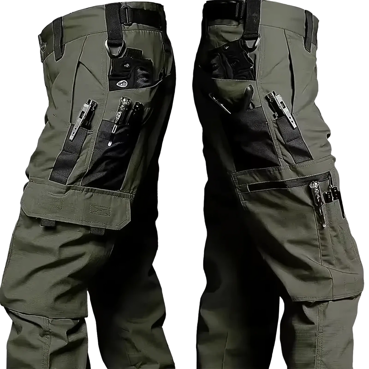 Men’s olive green tactical cargo pants with multiple black utility pockets and reinforced stitching for outdoor use