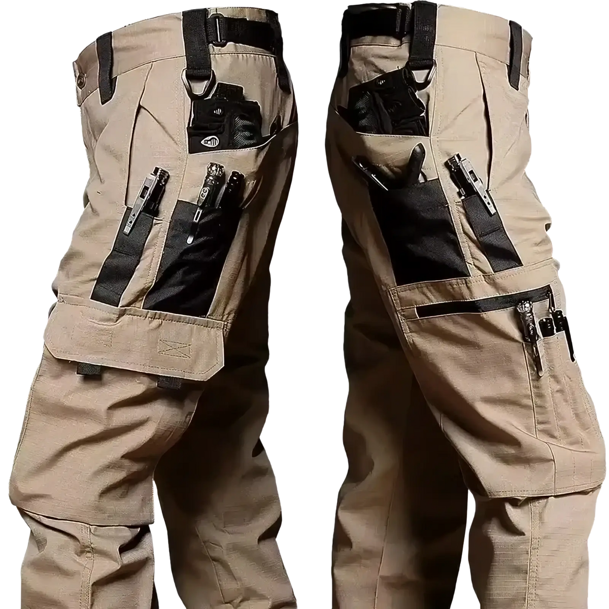 Men’s tan tactical cargo pants with multiple black utility pockets and reinforced stitching for outdoor use