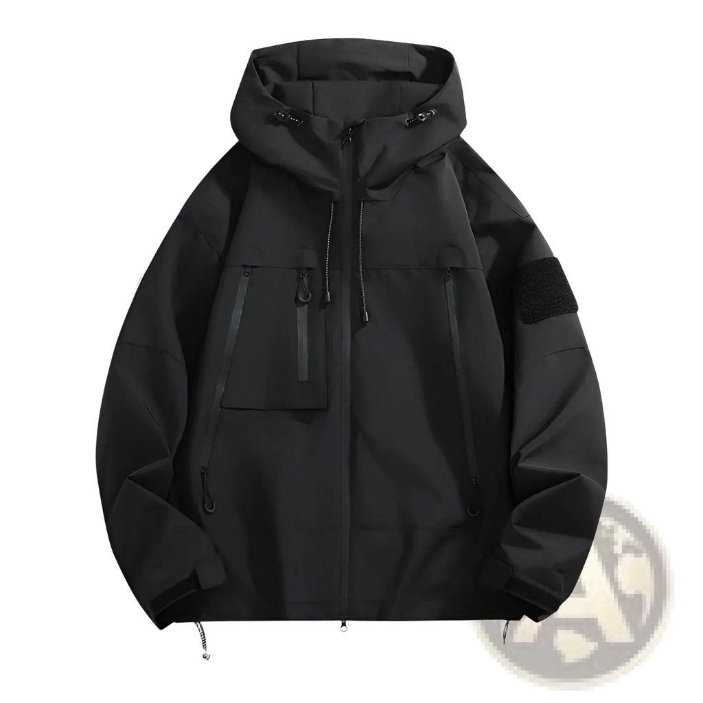 Men’s tactical hooded spring jacket in black with multiple zippered pockets and a matte finish for versatile use