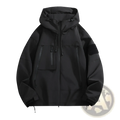 Men’s tactical hooded spring jacket in black with multiple zippered pockets and a matte finish for versatile use