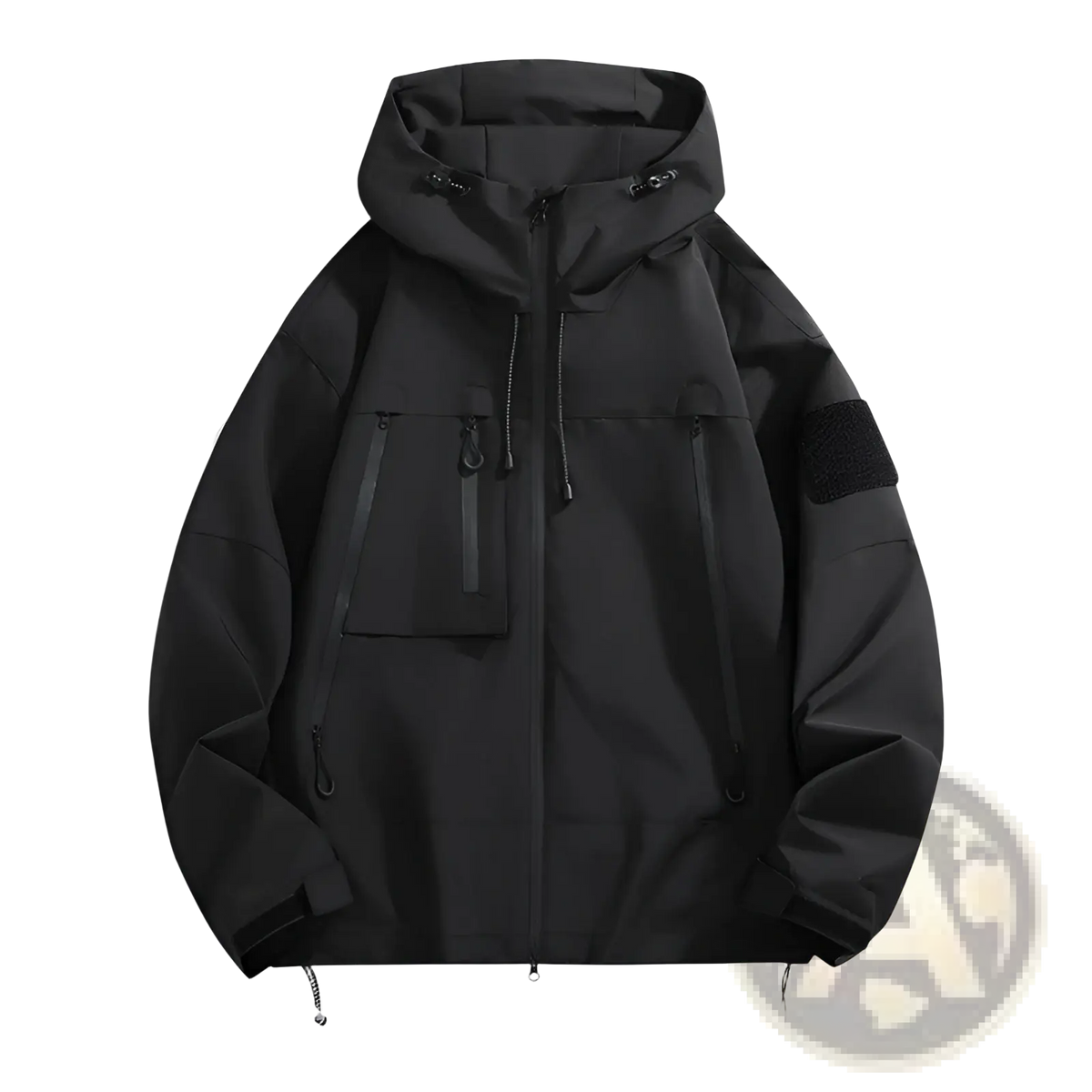 Men’s black tactical hooded spring jacket with multiple zippered pockets and reinforced sleeve patch made of durable fabric