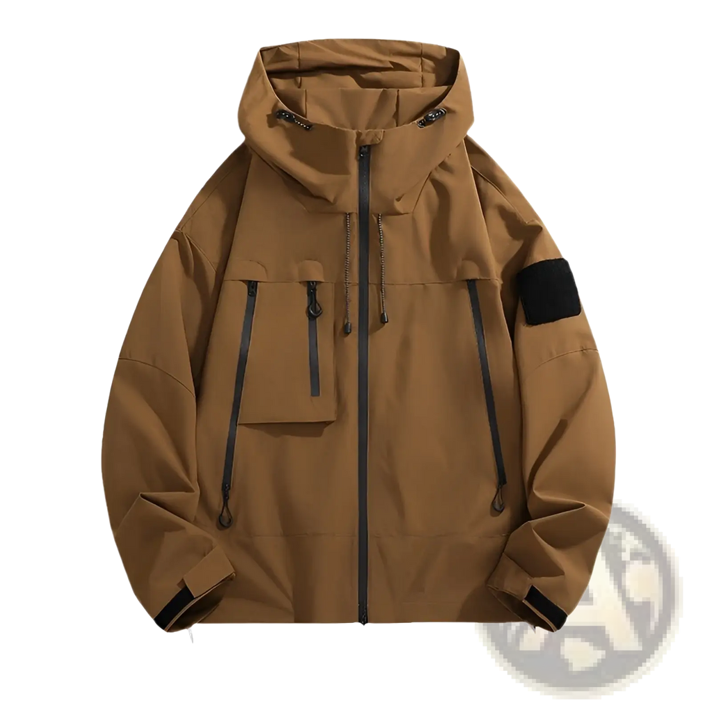 Men’s tactical hooded spring jacket in tan with black zipper accents and tactical patch on the sleeve
