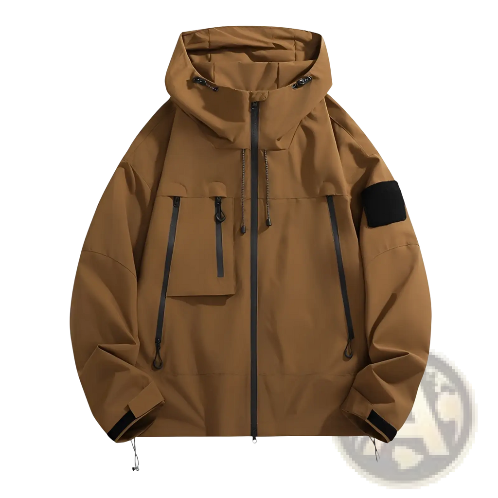 Men’s tactical hooded spring jacket in tan with black zipper accents and tactical patch on the sleeve