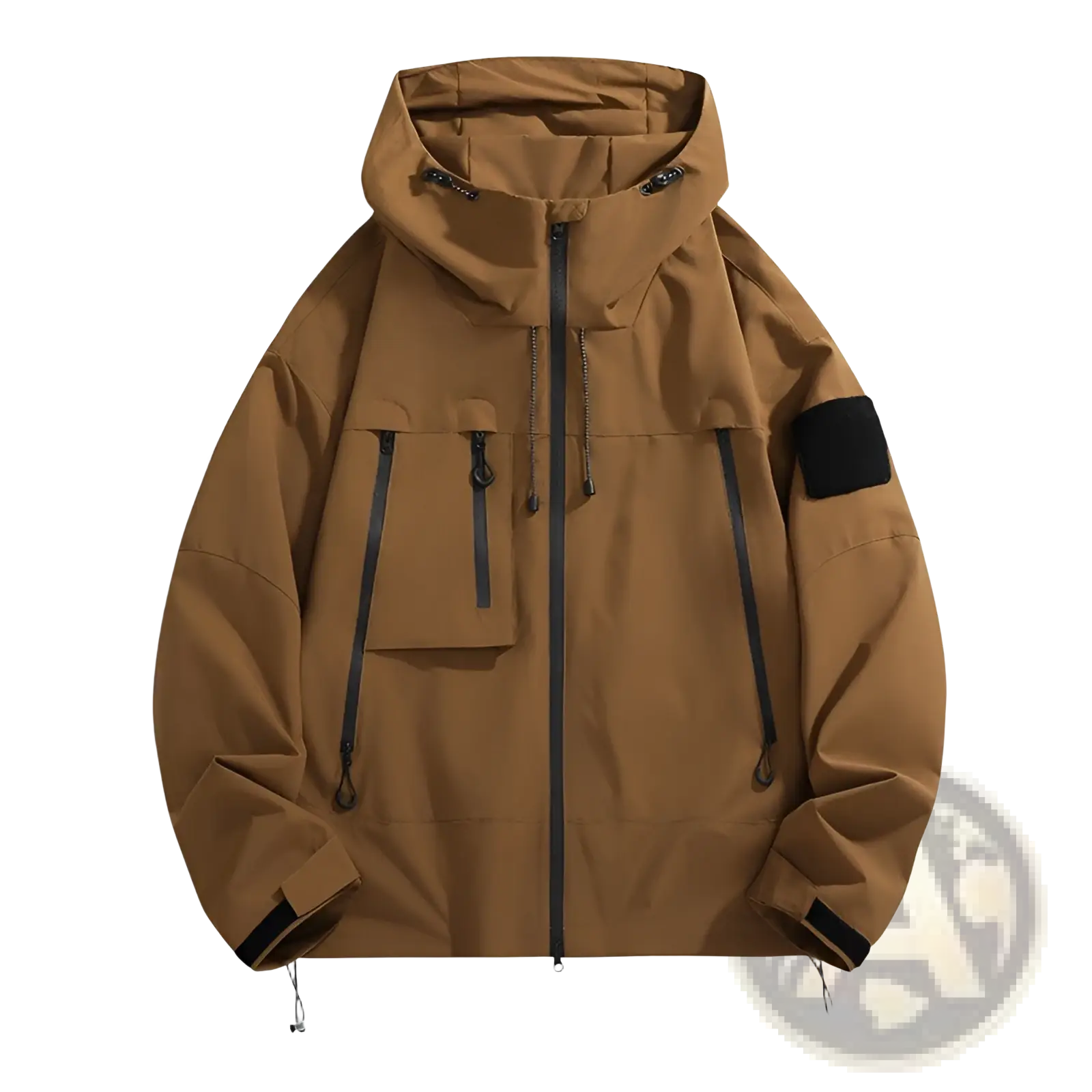 Men’s tactical hooded spring jacket in tan with black zipper accents and tactical patch on the sleeve