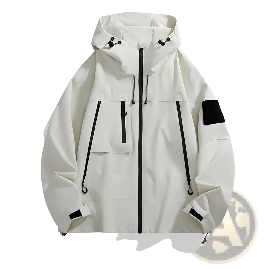 Men’s tactical hooded spring jacket in off-white with black zipper accents and a black patch on the sleeve
