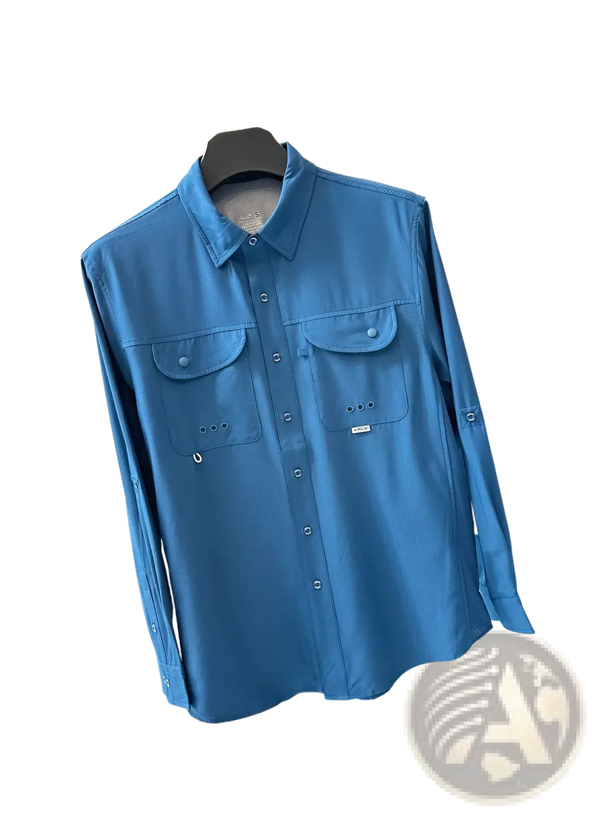 Men’s tactical outdoor long sleeve blue shirt with button-up front, two chest pockets, and subtle brand tag