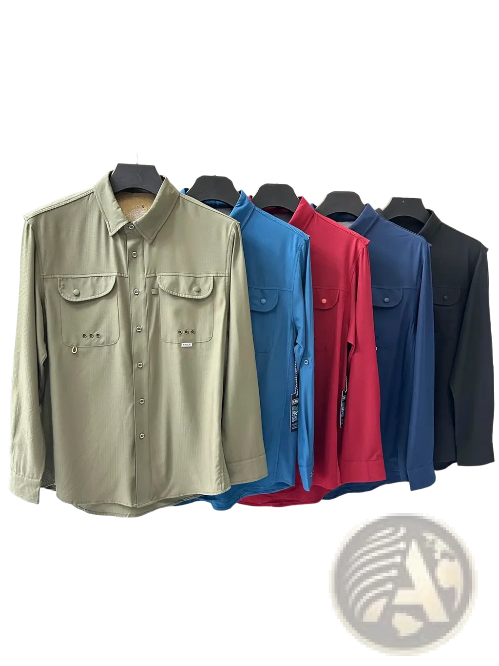 Beige men’s tactical outdoor long sleeve shirt with button-up front two chest pockets and subtle brand tag