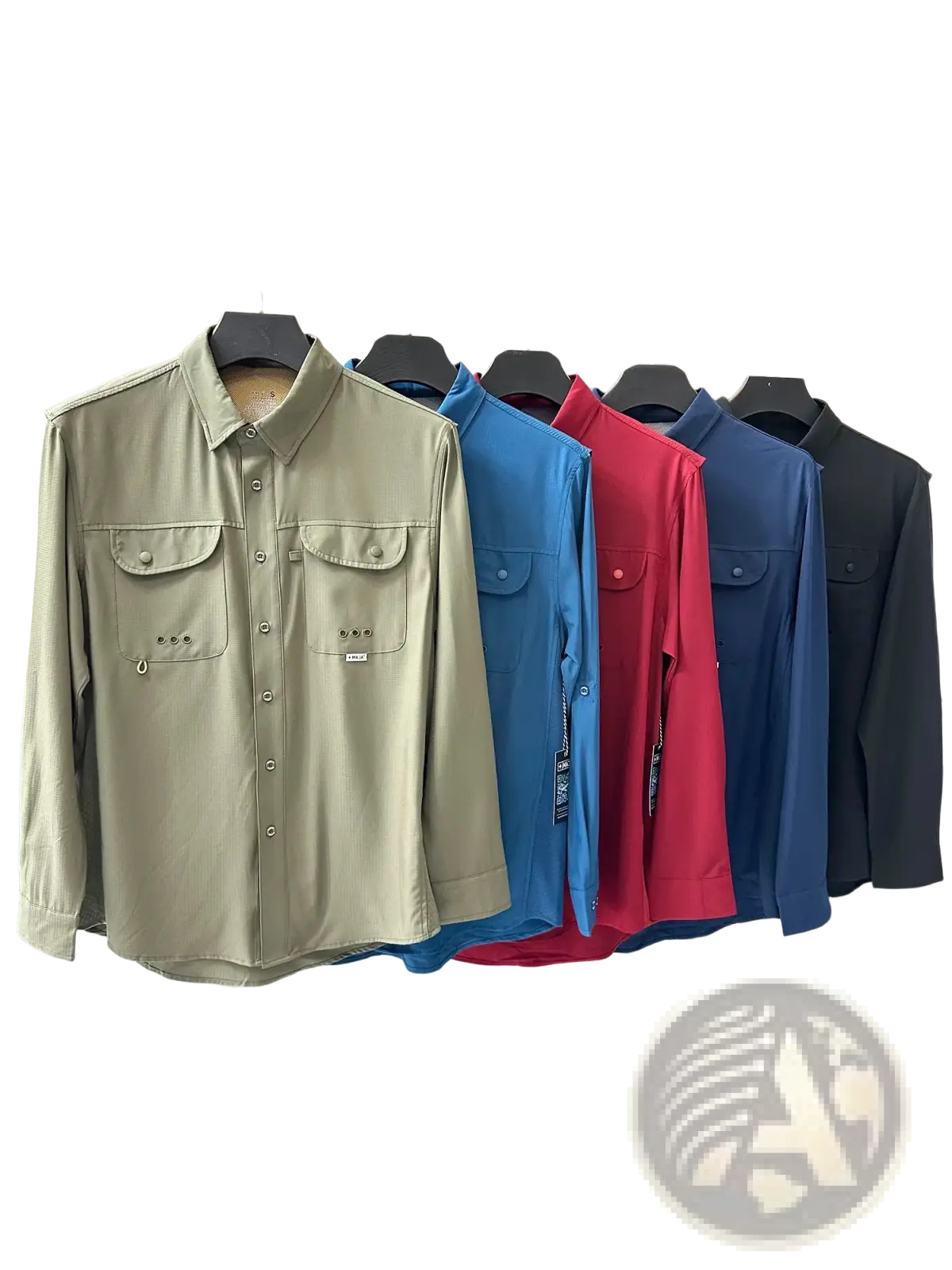 Beige men’s tactical outdoor long sleeve shirt with button-up front two chest pockets and subtle brand tag