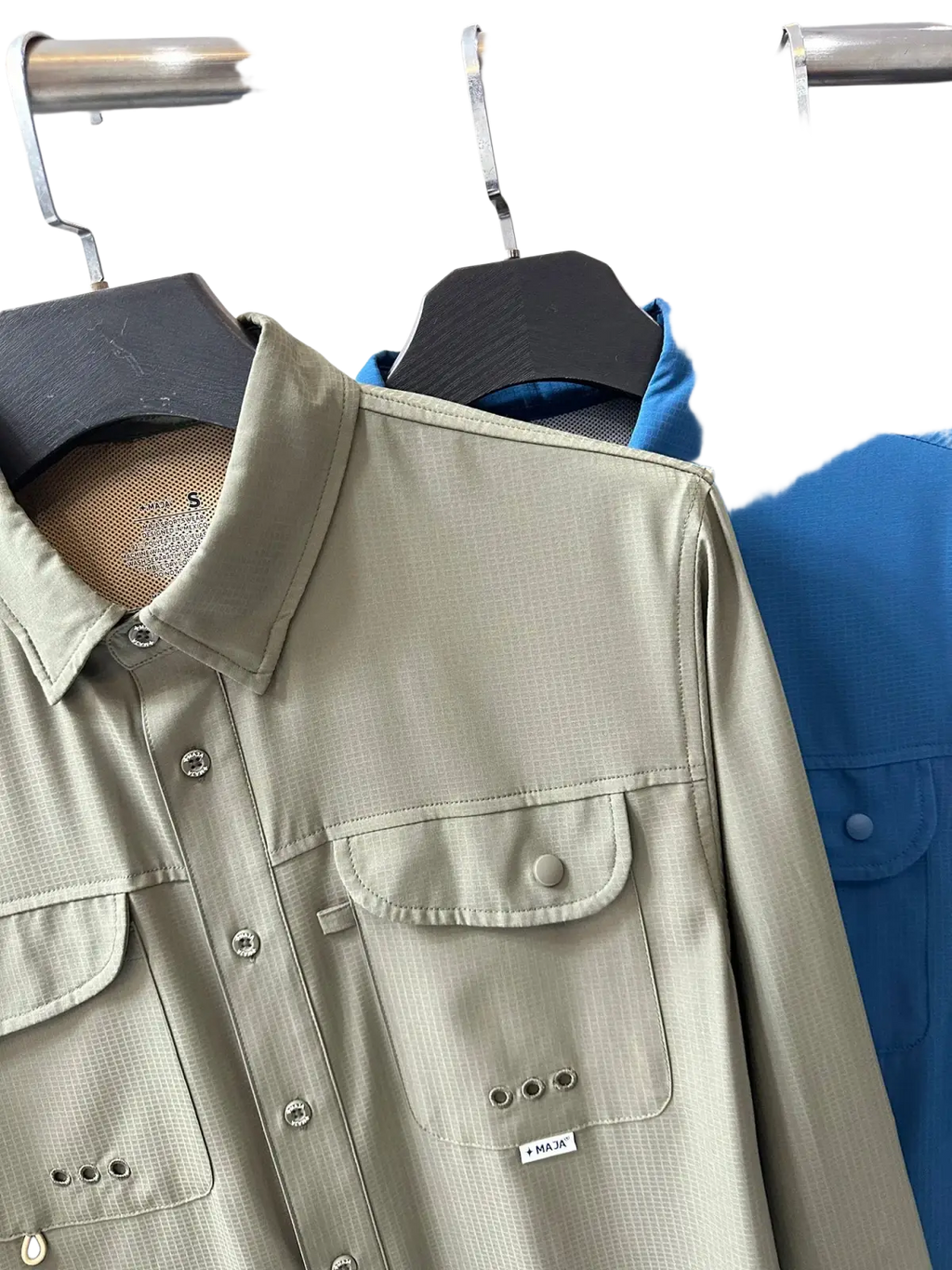 Men’s tactical outdoor long sleeve shirt in beige with textured weave, buttoned front, and snap chest pockets