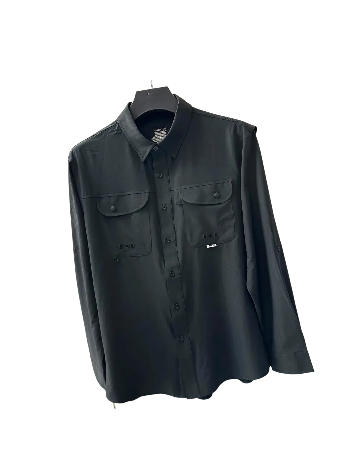 Men’s black tactical outdoor long sleeve button up shirt with two chest pockets and subtle brand tag on left pocket