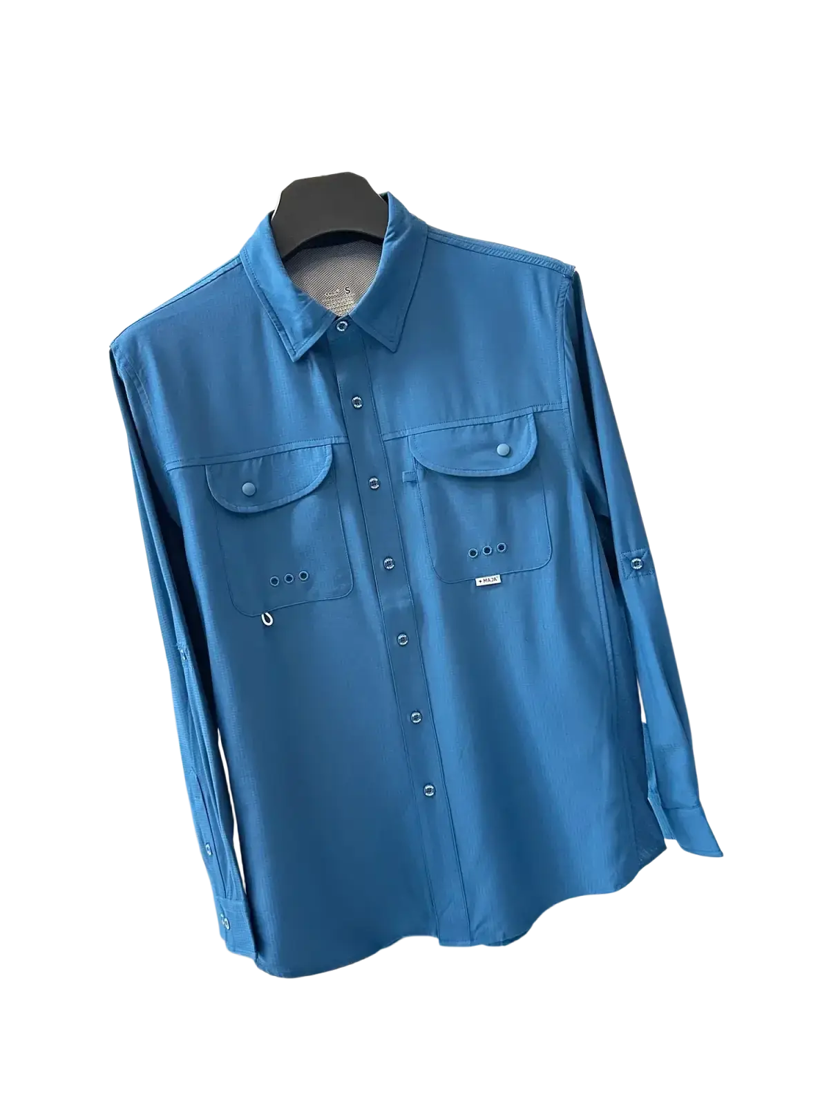 Men’s tactical outdoor long sleeve blue button-up shirt with collar and two chest pockets for outdoor use