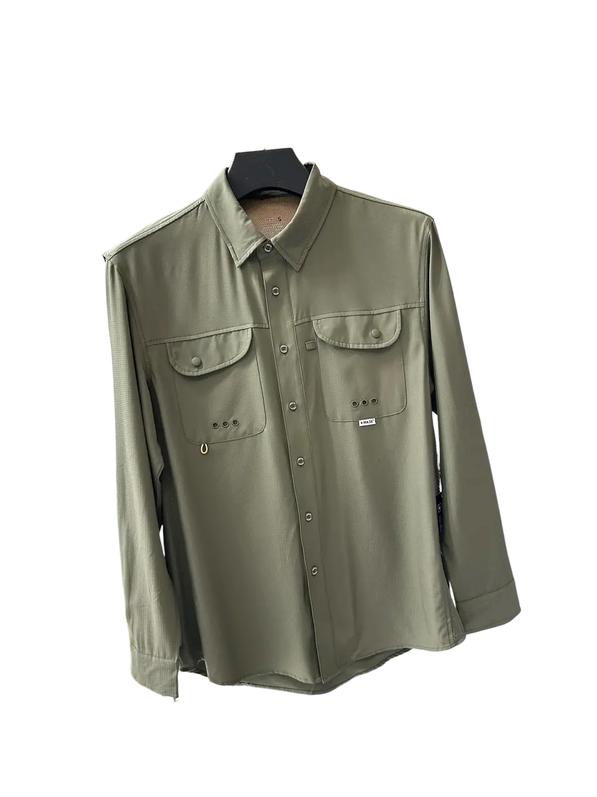 Men’s tactical outdoor long sleeve shirt in olive green leather like material with two chest pockets and brand tag