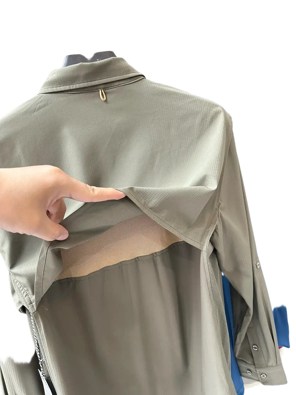 Men’s tactical outdoor long sleeve olive green shirt with subtle textured pattern and mesh panel detail on the back