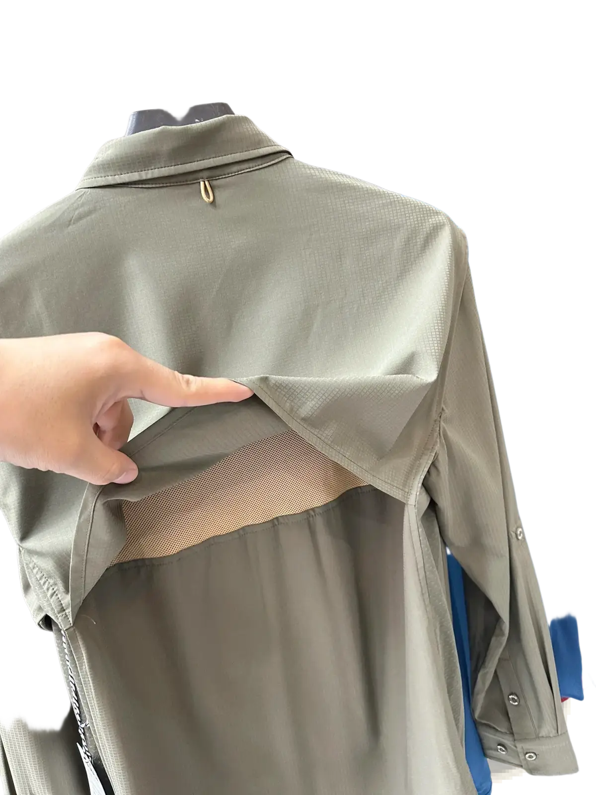 Men’s tactical outdoor long sleeve olive green shirt with subtle textured pattern and mesh panel detail on the back